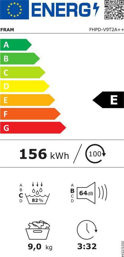 Fram FHPD-V9T2A++ Wasdroger - Warmtepompdroger - 9 kg - 15 Droogprogramma's - LE - afbeelding 2