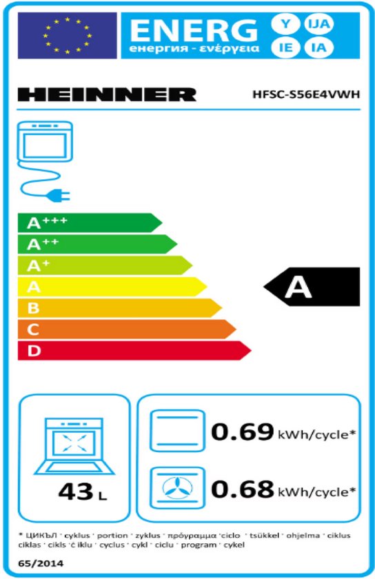 Energielabel voor Heinner HFSC-S56E4VWH fornuis met energieklasse A en specificaties voor oven- en vaatwasenergieverbrui