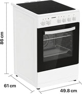 Technische tekening van het Heinner fornuis met afmetingen: 86 cm hoogte, 61 cm diepte en 49,8 cm breedte.