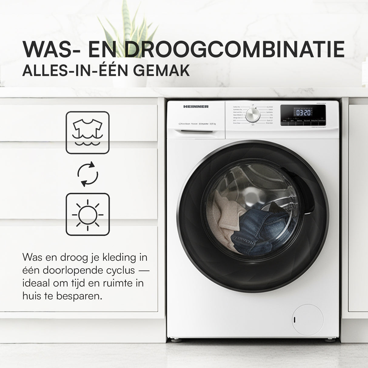 Heinner HWDM-H10614A Was-droogcombinatie 10/6 kg – 1400 RPM – Inverter Motor – Stoomfunctie – Energieklasse A/D