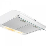 Heinner CH-400 onderbouw afzuigkap 60cm van onder gezien met twee uitklapbare filterpanelen en LED-verlichting