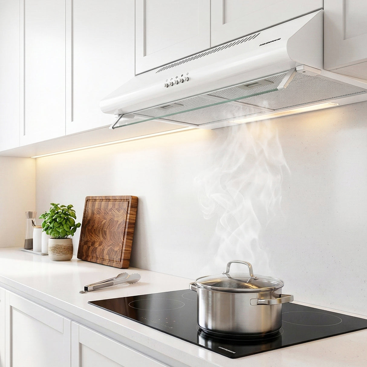 Heinner CH-400 onderbouw afzuigkap 60cm wit, bovenaanzicht met twee luchtzuigopeningen en filters