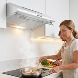 Heinner CH-400 onderbouw afzuigkap 60cm detail bedieningspaneel met vijf bedieningsknoppen en lampjes
