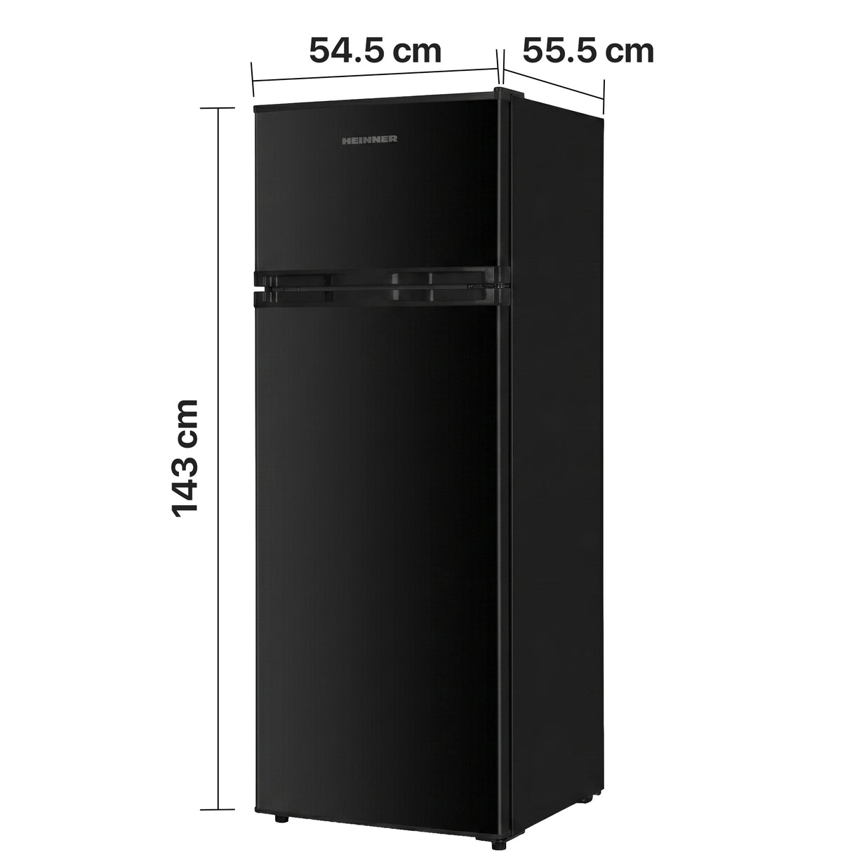 Heinner HF-H2206BKE++ open deuren met gevuld interieur, bevriezer boven en koelkast beneden