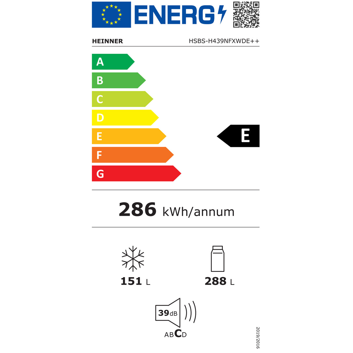 Frigo américain Heinner HSBS-H439NFXWDE – 439L – distributeur d’eau – no-frost – classe énergétique E