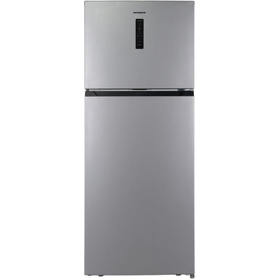 Heinner HF-HM415NFSE++ koel-vriescombinatie in zilverkleurig metallic design met digitaal bedieningspaneel bovenop de ko