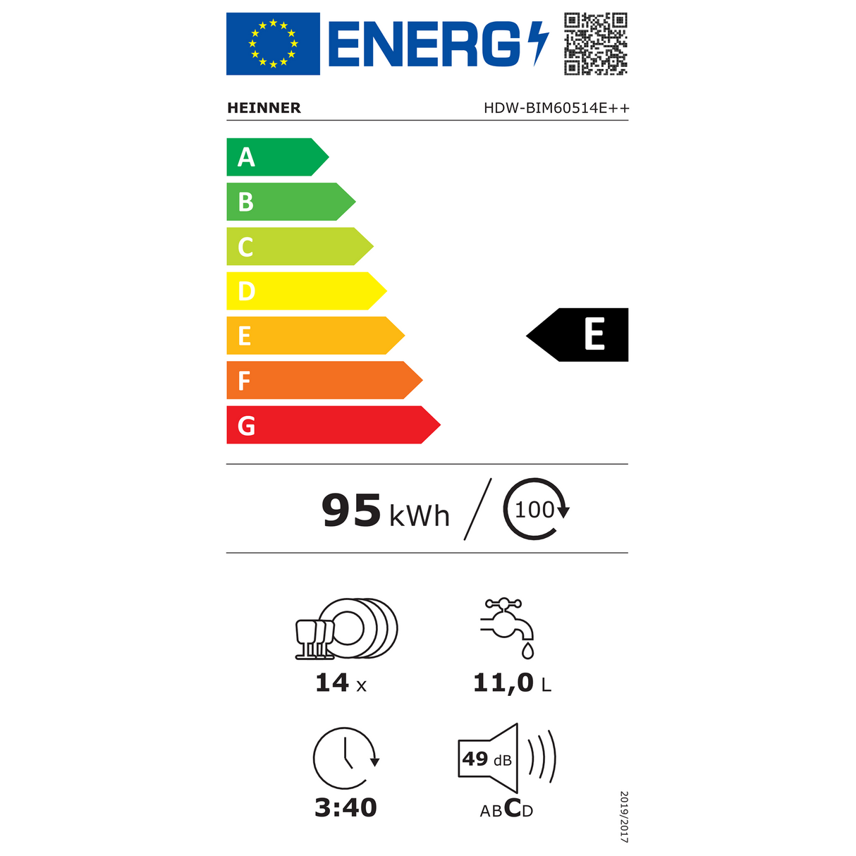 Lave-vaisselle encastrable Heinner HDW-BIM60514E – 60 cm – 14 couverts – classe énergétique E – AquaStop