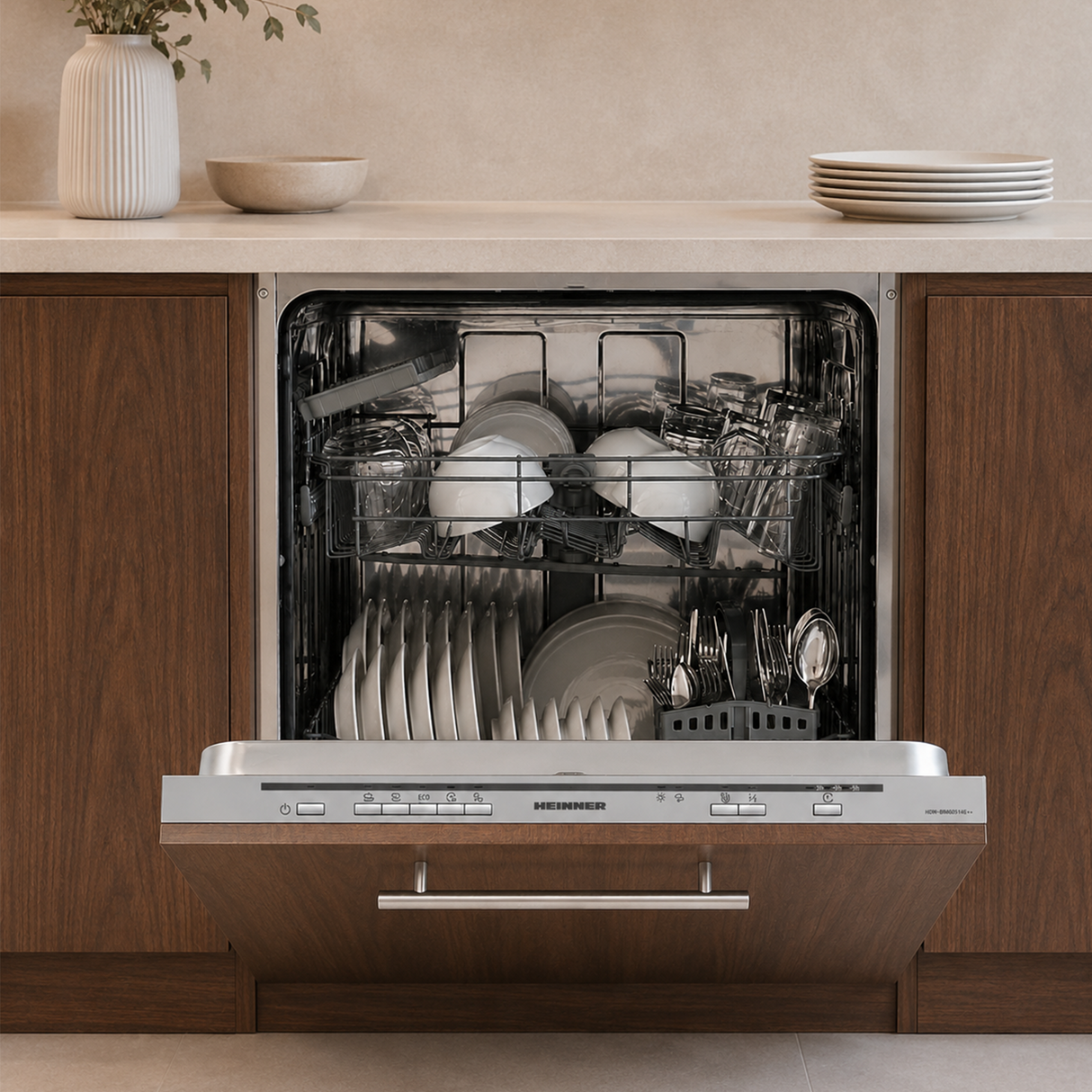 Lave-vaisselle encastrable Heinner HDW-BIM60514E – 60 cm – 14 couverts – classe énergétique E – AquaStop