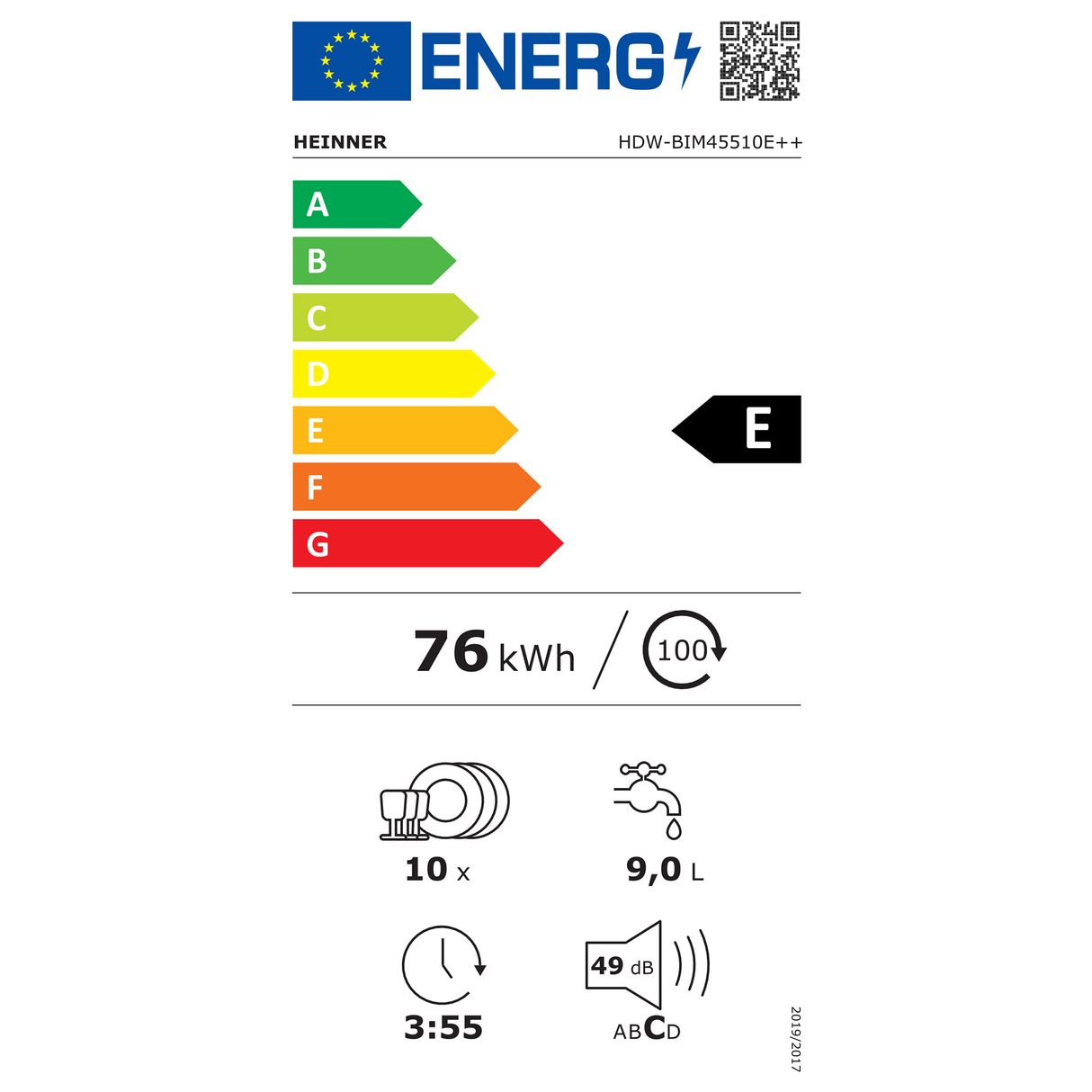 Lave-vaisselle encastrable Heinner HDW-BIM45510E – 14 couverts – AquaStop – classe énergétique E