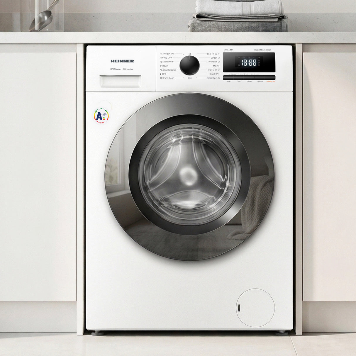 Heinner HWM-HME1014IVA10+++ Wasmachine 10 kg – 1400 tpm – Inverter – A-10% – Allergy & Baby Steam – Wit