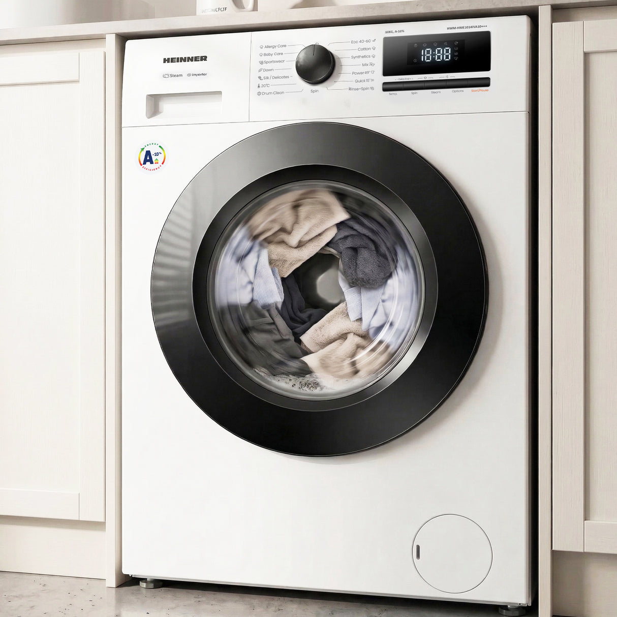 Heinner HWM-HME1014IVA10+++ Wasmachine 10 kg – 1400 tpm – Inverter – A-10% – Allergy & Baby Steam – Wit