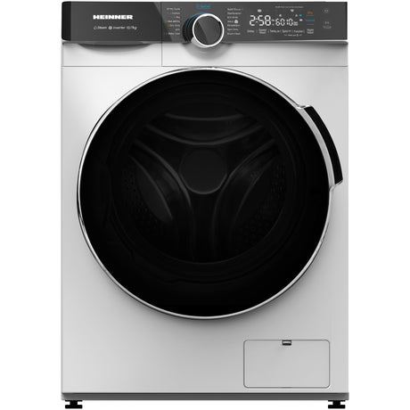 Heinner HWDM-M1014IVKB was-droogcombinatie, vooraanzicht met gesloten deur en digitaal display met tijdsweergave
