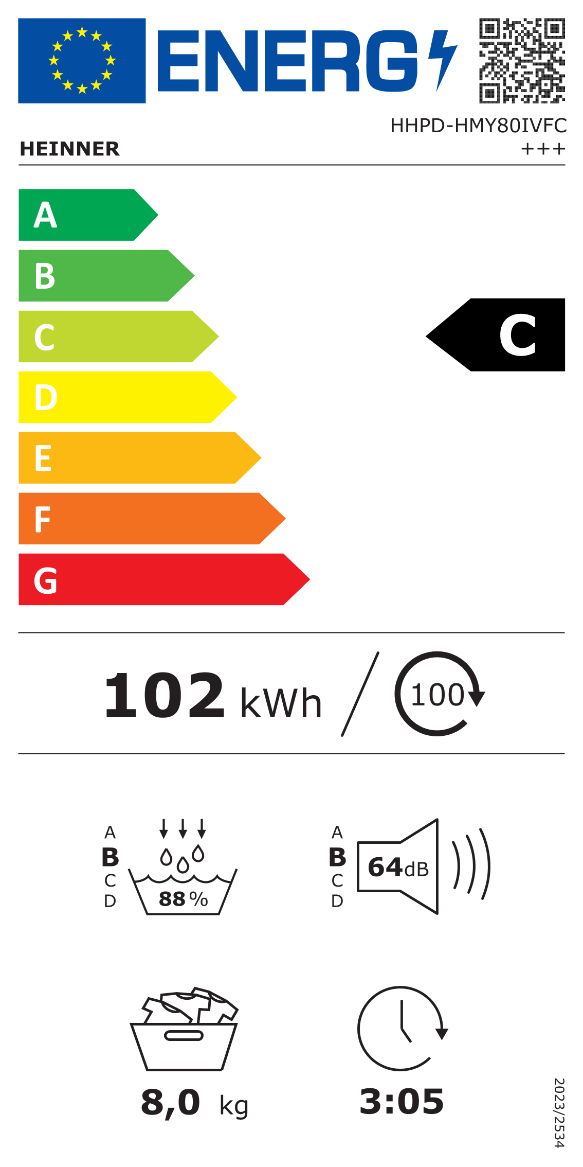 Sèche-linge à pompe à chaleur Heinner HHPD-HMY80IVFC – 8 kg – Inverter – classe énergétique C