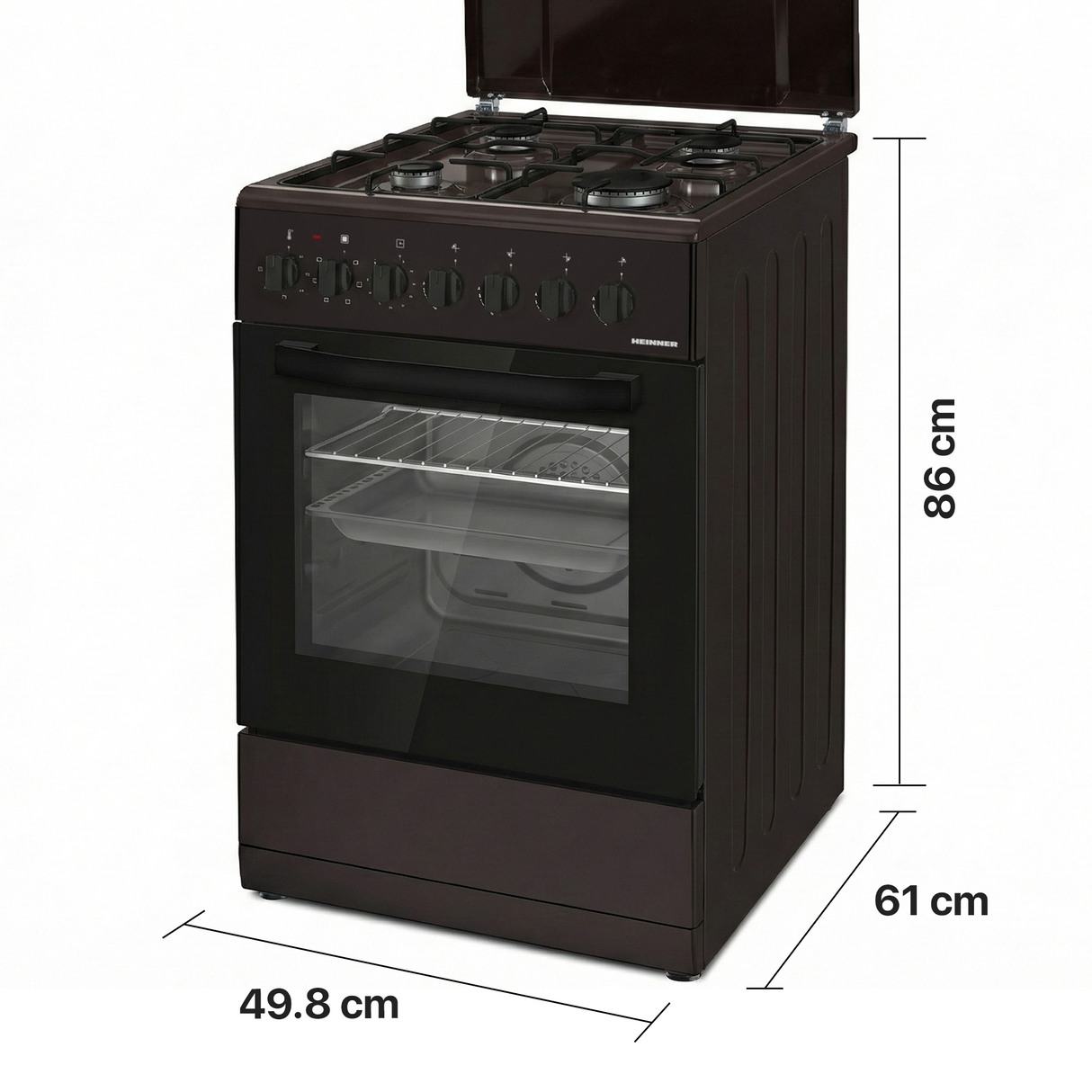 Cuisinière à gaz Heinner HFSC-S60LITGC-BRW – 4 brûleurs – four électrique avec gril