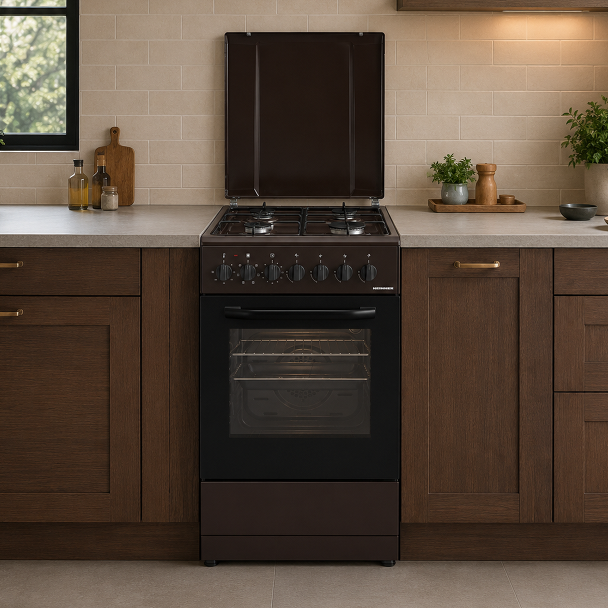 Cuisinière à gaz Heinner HFSC-S60LITGC-BRW – 4 brûleurs – four électrique avec gril