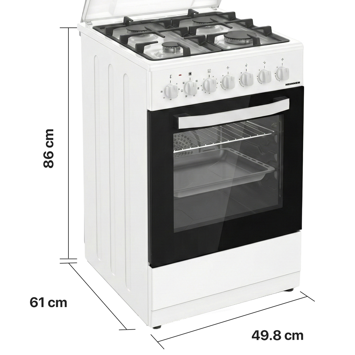 Cuisinière à gaz Heinner HFSC-S65MIXF-WH – 4 brûleurs – four avec 6 fonctions – gril – blanc