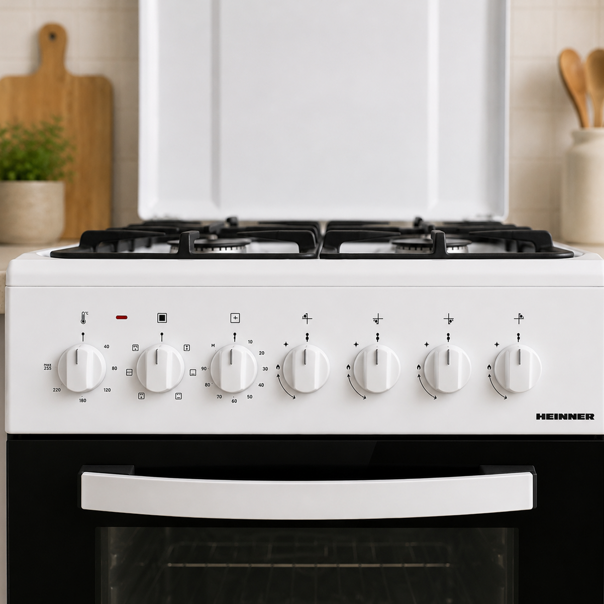 Cuisinière à gaz Heinner HFSC-S65MIXF-WH – 4 brûleurs – four avec 6 fonctions – gril – blanc