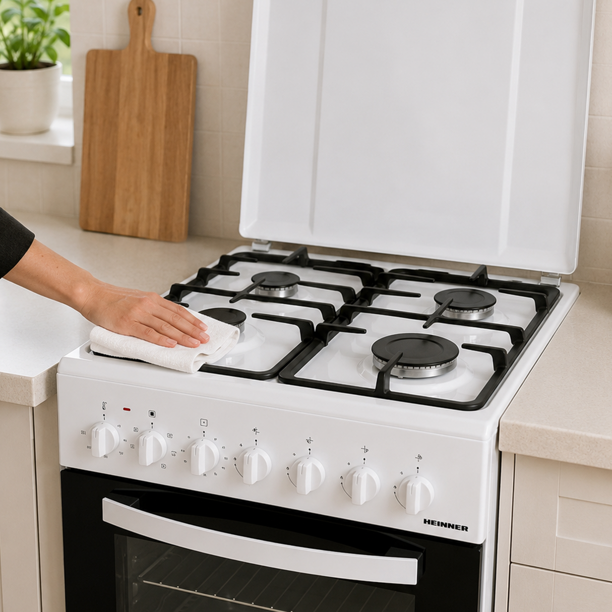 Cuisinière à gaz Heinner HFSC-S65MIXF-WH – 4 brûleurs – four avec 6 fonctions – gril – blanc