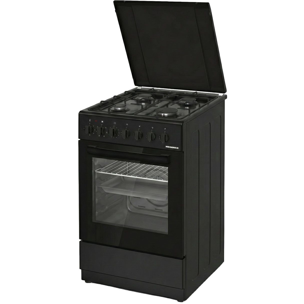 Cuisinière à gaz Heinner HFSC-S60LITGC-BK – 4 brûleurs – four électrique avec gril – noir