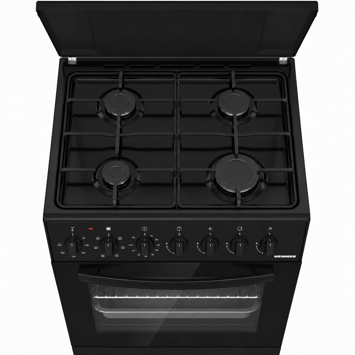 Cuisinière à gaz Heinner HFSC-S60LITGC-BK – 4 brûleurs – four électrique avec gril – noir