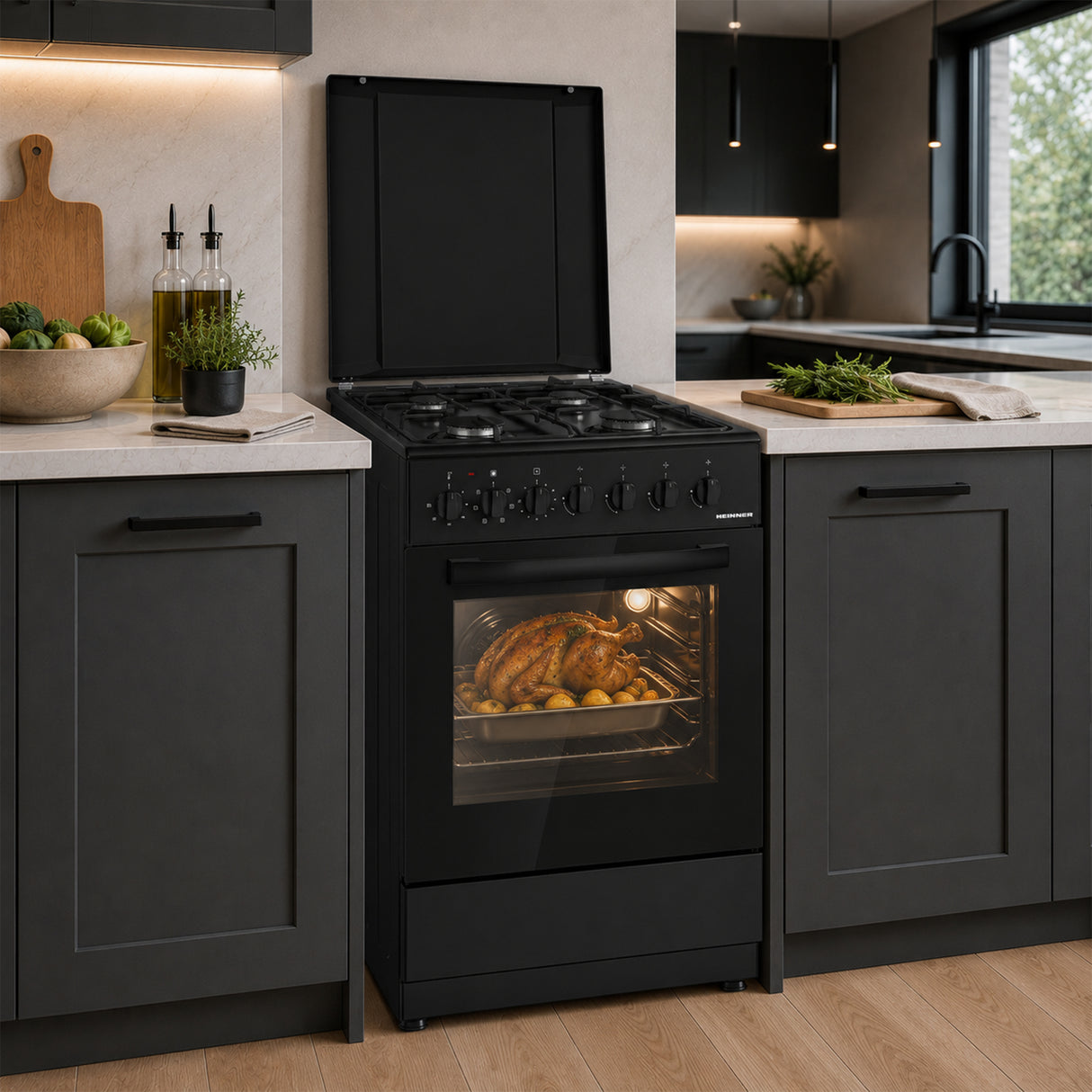 Cuisinière à gaz Heinner HFSC-S60LITGC-BK – 4 brûleurs – four électrique avec gril – noir