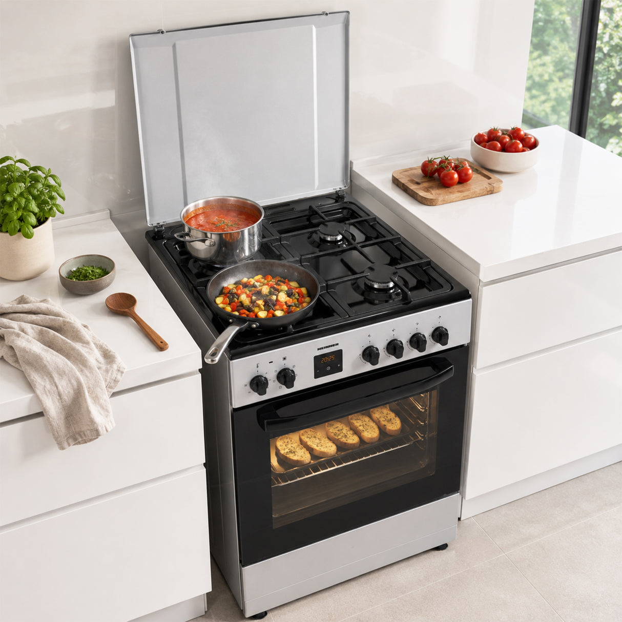 Cuisinière à gaz Heinner HFSC-S66FDC-BIX – 4 Brûleurs – Four 6 Fonctions – Gril