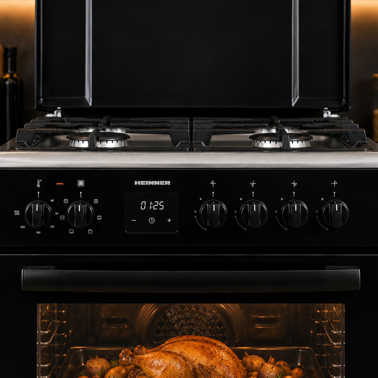 Cuisinière à gaz Heinner HFSC-S66FDCC-IBK – 50 cm – 4 zones de cuisson – four avec 6 fonctions et gril – noir