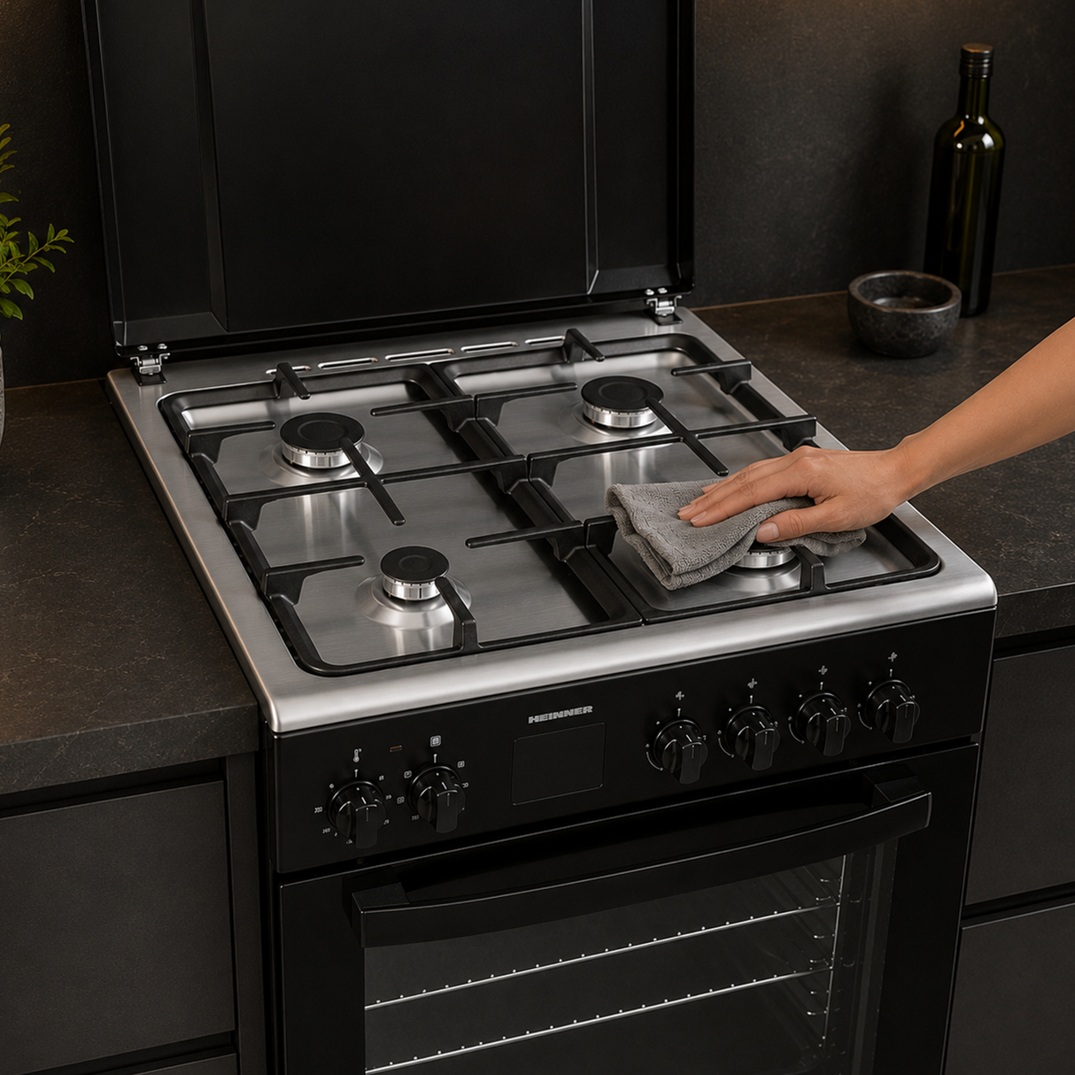 Cuisinière à gaz Heinner HFSC-S66FDCC-IBK – 50 cm – 4 zones de cuisson – four avec 6 fonctions et gril – noir