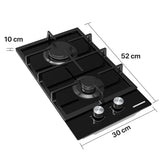 Table de cuisson au gaz Heinner HBH-M302FGBK – 30 cm – 2 brûleurs – grilles en fonte – noir