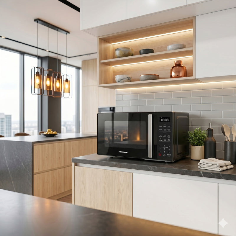 Heinner combimagnetron zwart geplaatst op donker werkblad in luxe keuken met houten kasten, hangende lampen en grote ram