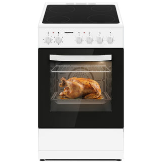 Cuisinière vitrocéramique Heinner HFSC-S56E4VWH – 50 cm – 4 zones de cuisson – four électrique avec gril et ventilation – classe énergétique A – blanc