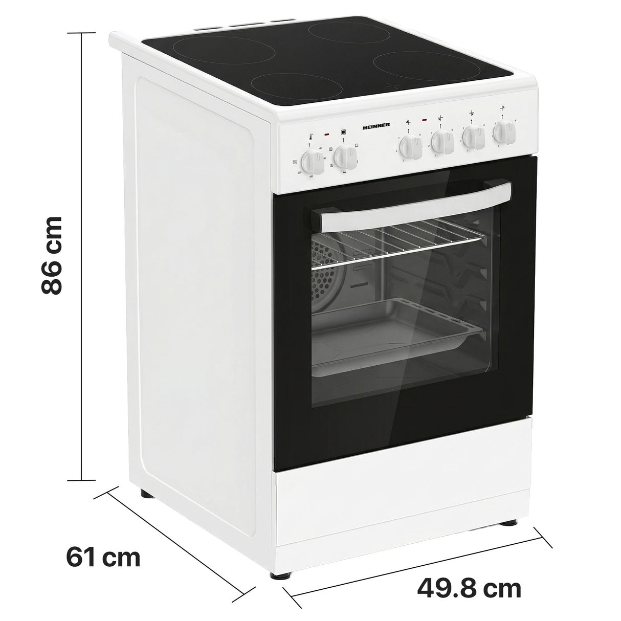 Cuisinière vitrocéramique Heinner HFSC-S56E4VWH – 50 cm – 4 zones de cuisson – four électrique avec gril et ventilation – classe énergétique A – blanc