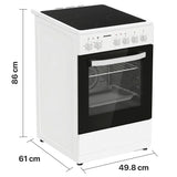 Cuisinière vitrocéramique Heinner HFSC-S56E4VWH – 50 cm – 4 zones de cuisson – four électrique avec gril et ventilation – classe énergétique A – blanc