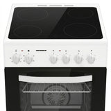 Cuisinière vitrocéramique Heinner HFSC-S56E4VWH – 50 cm – 4 zones de cuisson – four électrique avec gril et ventilation – classe énergétique A – blanc