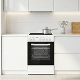 Cuisinière vitrocéramique Heinner HFSC-S56E4VWH – 50 cm – 4 zones de cuisson – four électrique avec gril et ventilation – classe énergétique A – blanc