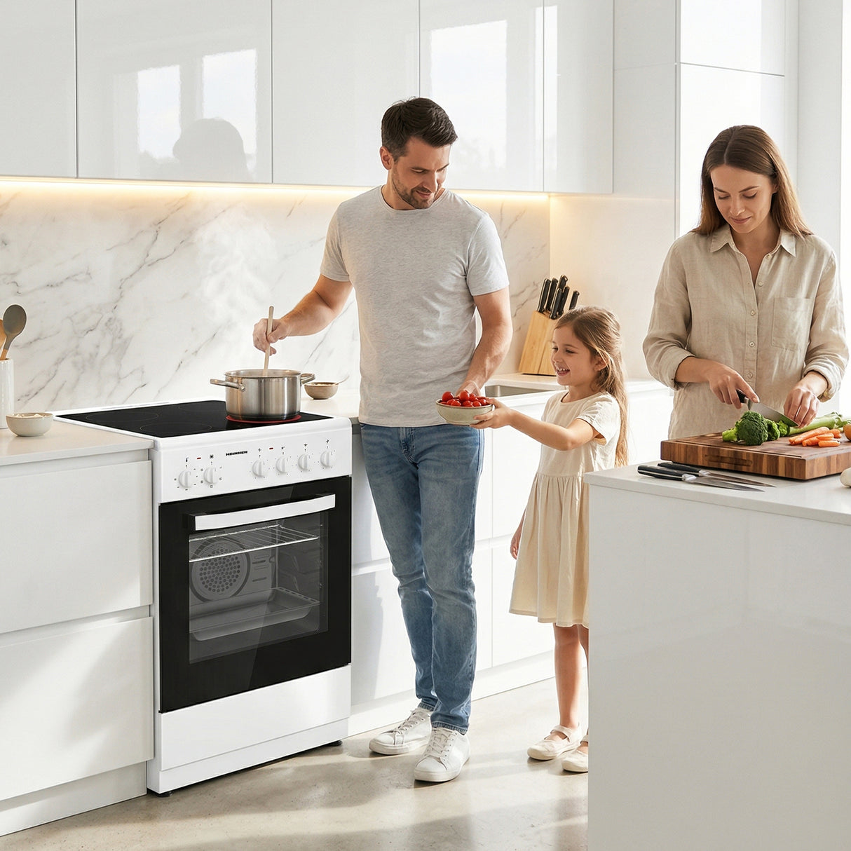 Cuisinière vitrocéramique Heinner HFSC-S56E4VWH – 50 cm – 4 zones de cuisson – four électrique avec gril et ventilation – classe énergétique A – blanc