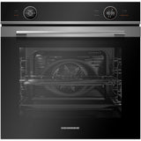 Heinner inbouwoven RVS voorzijde met zwart display, draaiknop licht, ventilator-icoon en digitale klok met timer