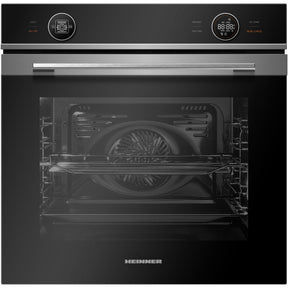 Heinner inbouwoven RVS voorzijde met zwart display, draaiknop licht, ventilator-icoon en digitale klok met timer