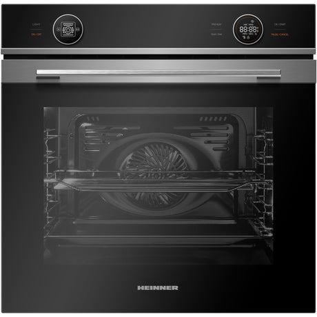 Heinner inbouwoven RVS voorzijde met zwart display, draaiknop licht, ventilator-icoon en digitale klok met timer