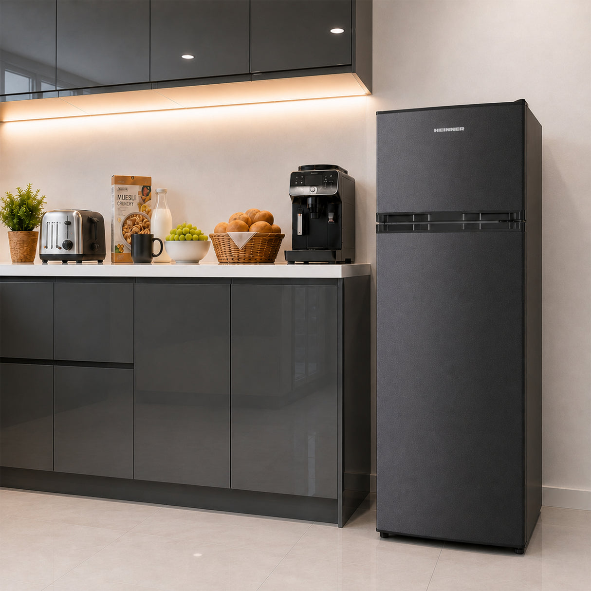 Frigo congélateur Heinner HF-H2206DGE++ – 206 L – Thermostat réglable – Éclairage LED – Porte réversible – Anthracite
