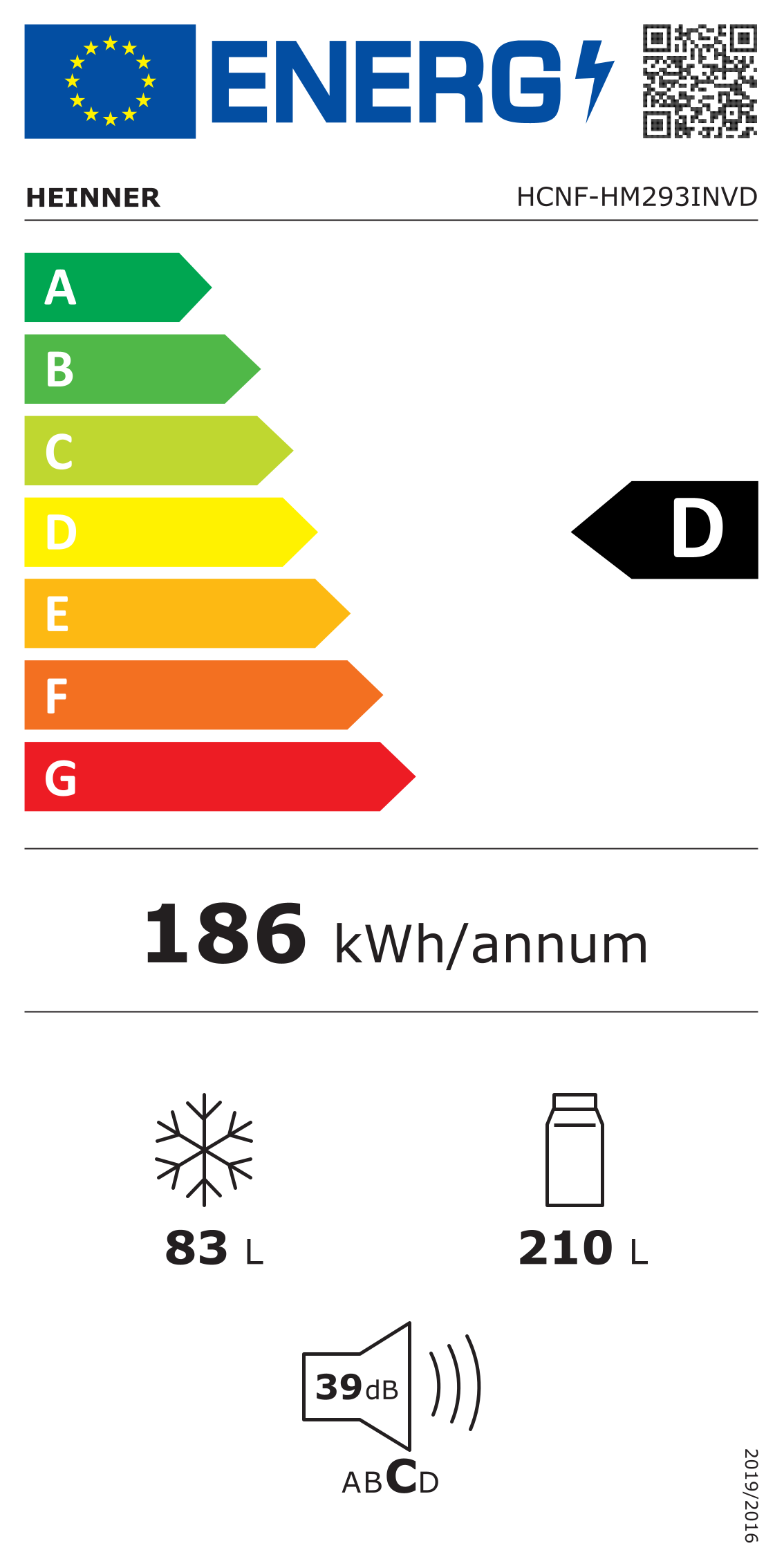 Frigo congélateur Heinner HCNF-HM293INVD – 293 litres – No Frost – inverter – classe énergétique D – blanc
