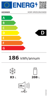 Frigo congélateur Heinner HCNF-HM291INVXWDD – 291 L – Total No Frost – compresseur inverter – Classe énergétique D – Thermostat réglable – Éclairage LED – inox – 185 cm – 5 ans de garantie