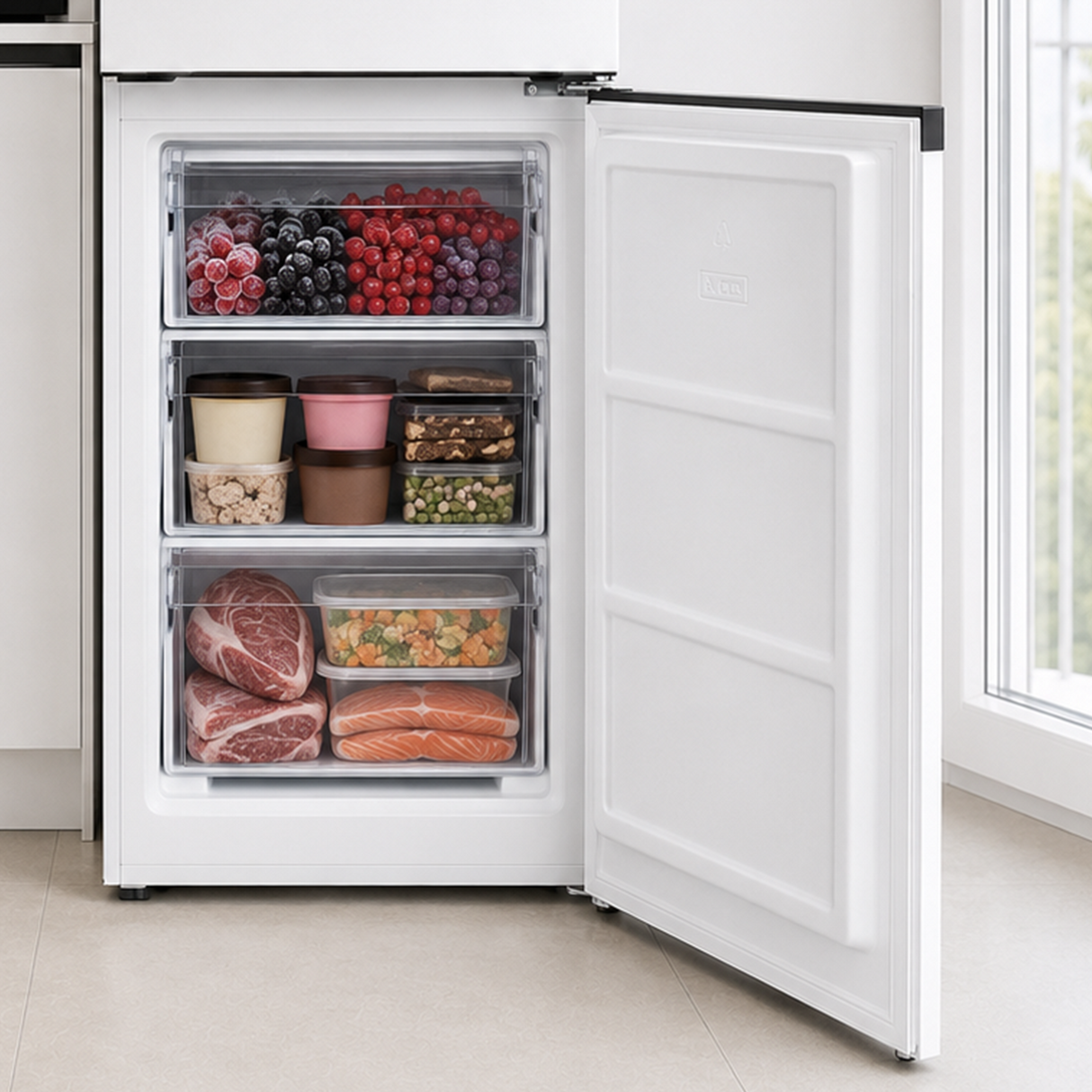 Frigo congélateur Heinner HC-HM315E++ – 315 L – Classe énergétique E – Commande électronique avec Thermostat réglable – Éclairage LED – Porte réversible – Blanc – 5 ans de garantie