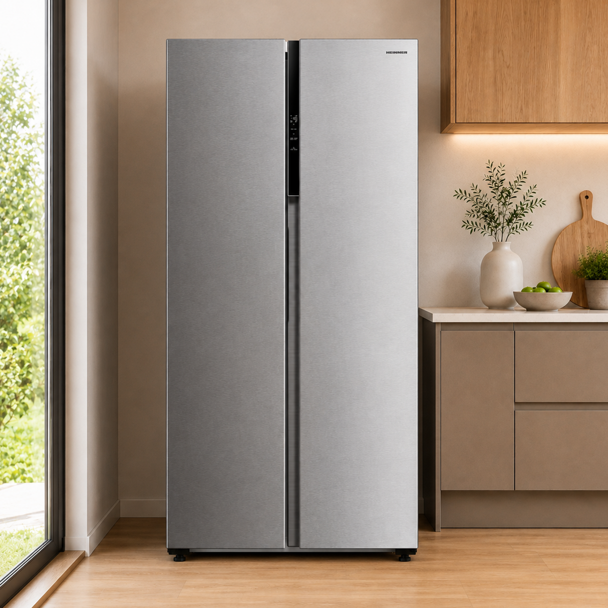 Frigo américain side-by-side Heinner HSBS-M460NFINVXE++ – 460 L – Total No Frost – compresseur inverter – Classe énergétique E – Commande tactile – Super Cooling – Super Freeze – alarme porte ouverte – Sécurité enfant – inox – 5 ans de garantie