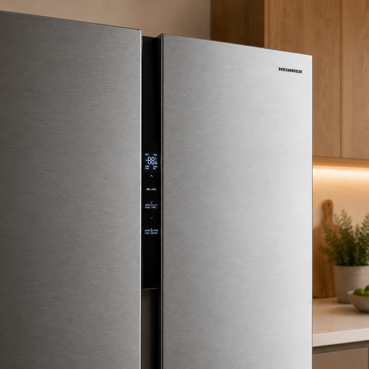 Frigo américain side-by-side Heinner HSBS-M460NFINVXE++ – 460 L – Total No Frost – compresseur inverter – Classe énergétique E – Commande tactile – Super Cooling – Super Freeze – alarme porte ouverte – Sécurité enfant – inox – 5 ans de garantie