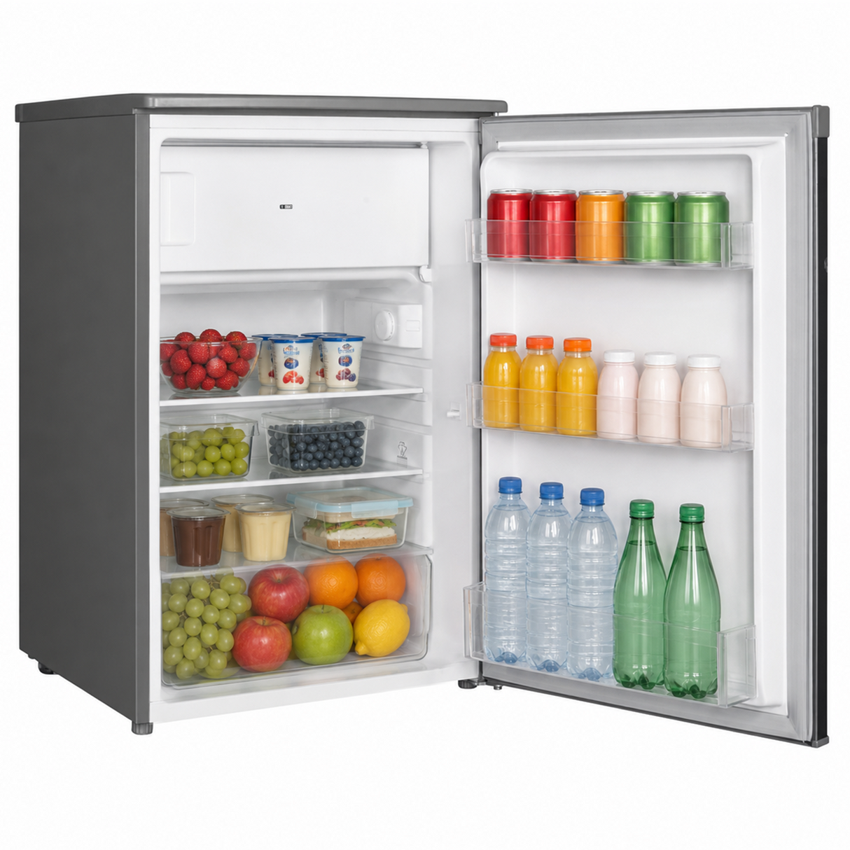 Frigo table top avec compartiment congélateur Heinner HF-HM109SE++ – 109 L – Classe énergétique E – Thermostat réglable – Éclairage LED – Porte réversible – Argent – 5 Ans de garantie
