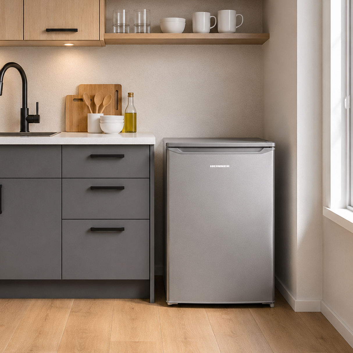 Frigo table top avec compartiment congélateur Heinner HF-HM109SE++ – 109 L – Classe énergétique E – Thermostat réglable – Éclairage LED – Porte réversible – Argent – 5 Ans de garantie