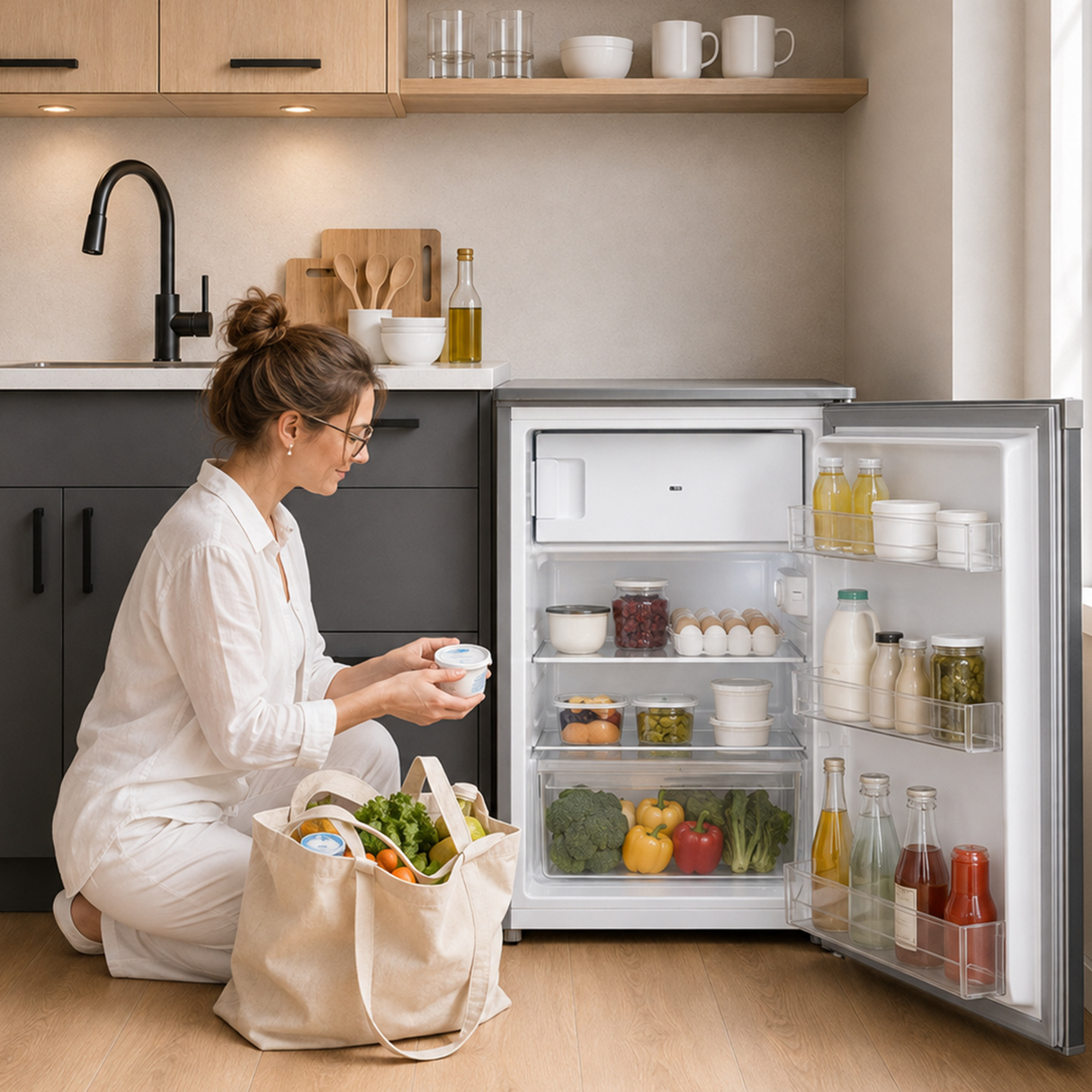 Frigo table top avec compartiment congélateur Heinner HF-HM109SE++ – 109 L – Classe énergétique E – Thermostat réglable – Éclairage LED – Porte réversible – Argent – 5 Ans de garantie