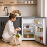 Frigo table top avec compartiment congélateur Heinner HF-HM109SE++ – 109 L – Classe énergétique E – Thermostat réglable – Éclairage LED – Porte réversible – Argent – 5 Ans de garantie