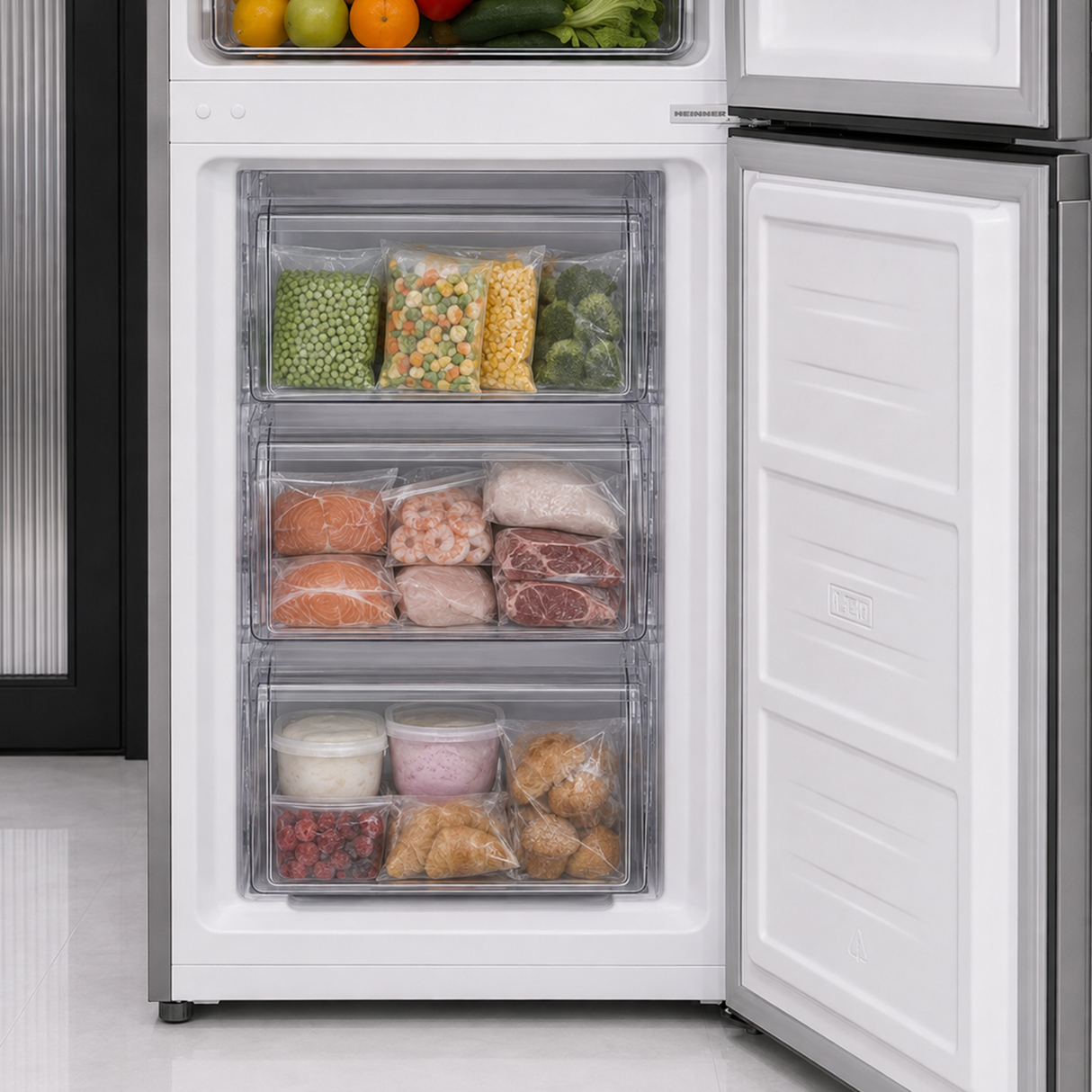 Frigo congélateur Heinner HCNF-HM253INVXD – 253 L – Total No Frost – compresseur inverter – Classe énergétique D – Commande électronique avec Thermostat réglable – Éclairage LED – inox – 5 ans de garantie